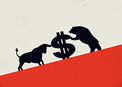 Stylised bear and bull tussling over $ sign