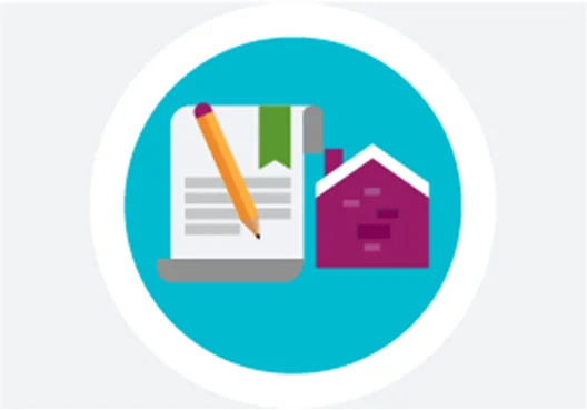 A graphic showing a page being written on and a house.