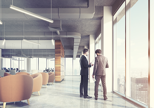 Two business people talking in an office corridor near a window