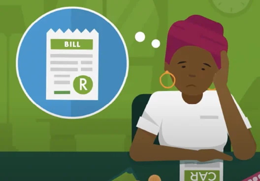 A woman with a worried expression receives a high bill for a vehicle accident.