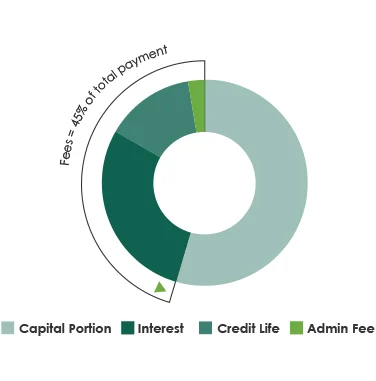 A circular graph showing the total cost of a personal loan take over 5 years.