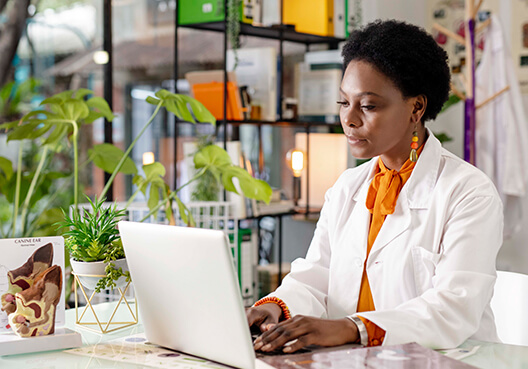A female doctor works on a laptop at her desk in her private practice. 