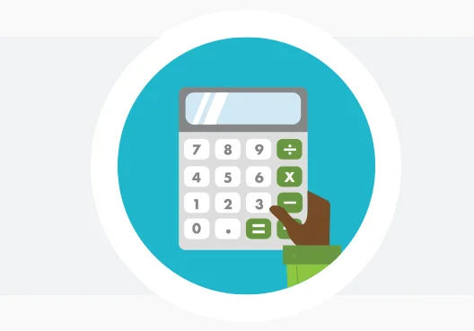 A graphic showing a person interacting with a calculator.