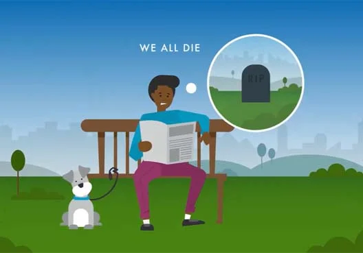 A graphic showing a man sitting on a bench with a dog next to him.