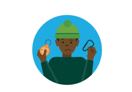 A simple graphic shows a man holding equipment in each hand.