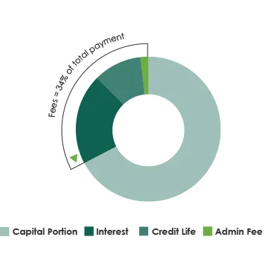 A circular graph showing the total cost of a personal loan take over 3 years. 