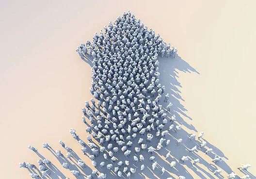 Aerial view of people in white shirts lining up in an upward arrow formation.