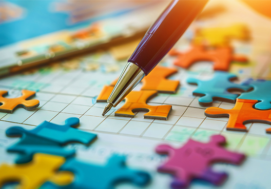 Puzzle pieces scattered on paper with a pen on the paper.