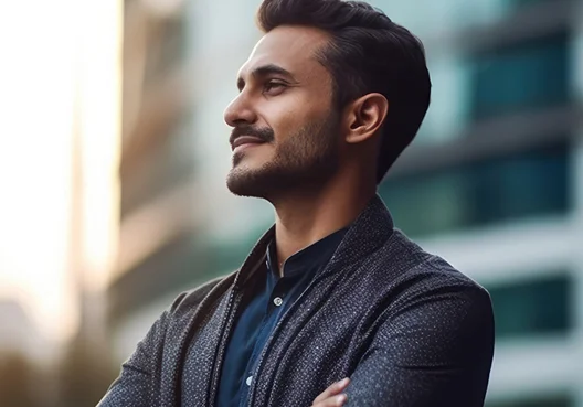 A man wearing a blue shirt and dark grey jacket smiles while looking into the distance.