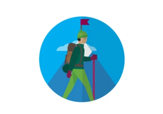 A graphic illustrating a mountaineer preparting to climb a mountain and reach the top.