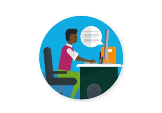 A graphic showing a man sitting at a desk and using a PC.