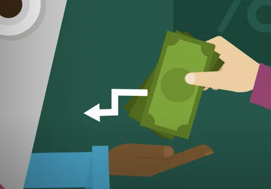 A graphic showing two people and an exchange of money.