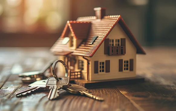 A model of a house with two stories and a chimney with keys next to it.