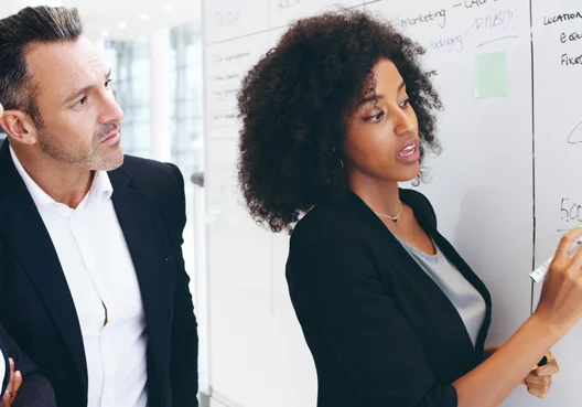 Business lady writing on a board